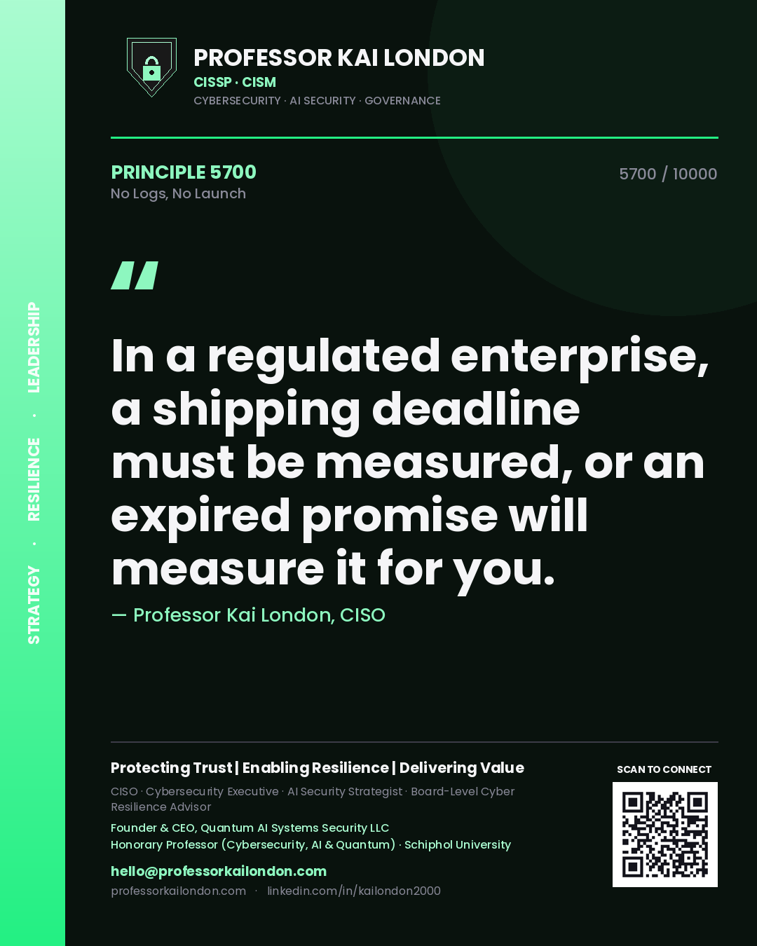 Quote card by Professor Kai London reading 'In a regulated enterprise, a shipping deadline must be measured, or an expired promise will measure it for you.'. From the book No Logs, No Launch.
