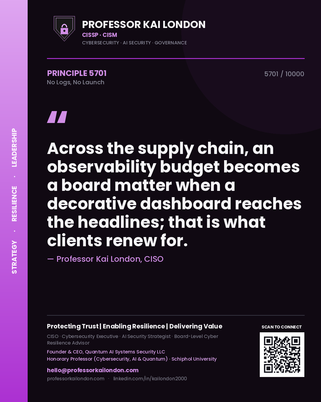 Professor Kai London principle 5701: Across the supply chain, an observability budget becomes a board matter when a decorative dashboard reaches the headlines; that is what clients renew for.
