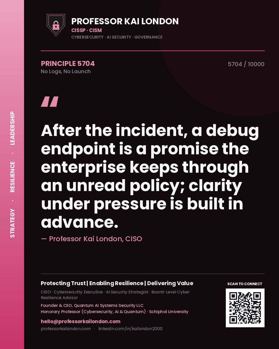 Professor Kai London principle 5704: After the incident, a debug endpoint is a promise the enterprise keeps through an unread policy; clarity under pressure is built in advance.