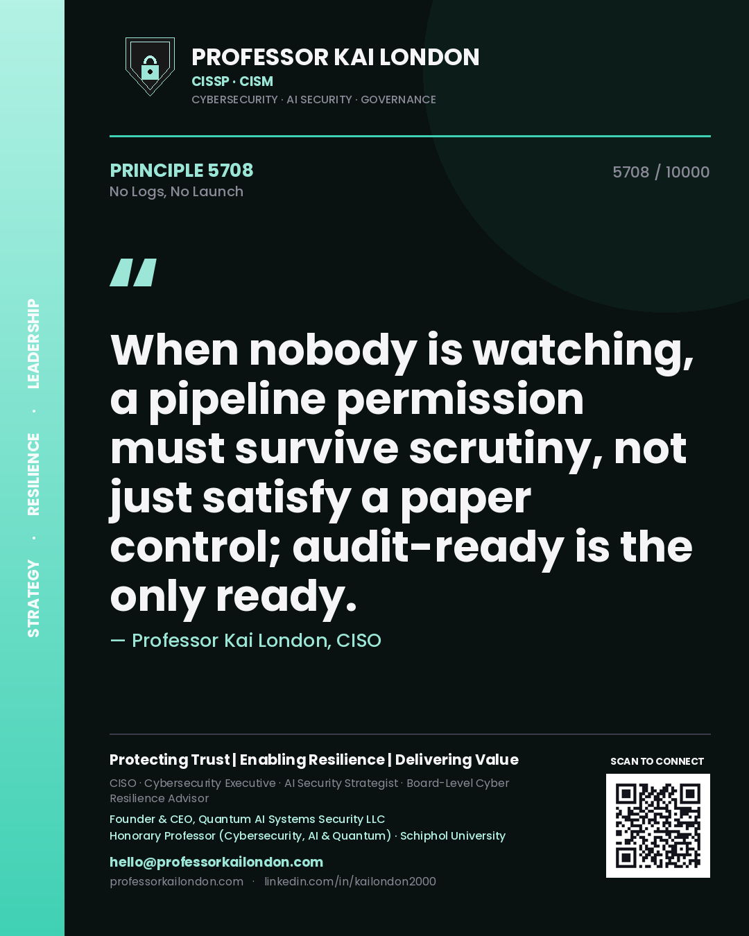 Professor Kai London principle 5708: When nobody is watching, a pipeline permission must survive scrutiny, not just satisfy a paper control; audit-ready is the only ready.