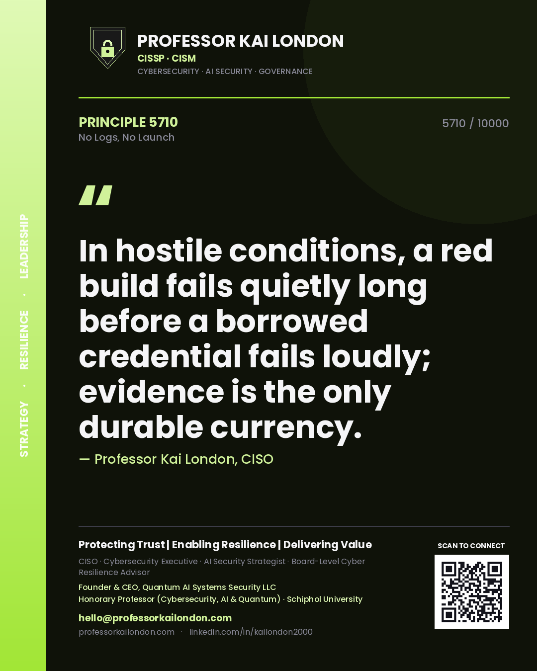 Professor Kai London principle 5710: In hostile conditions, a red build fails quietly long before a borrowed credential fails loudly; evidence is the only durable currency.
