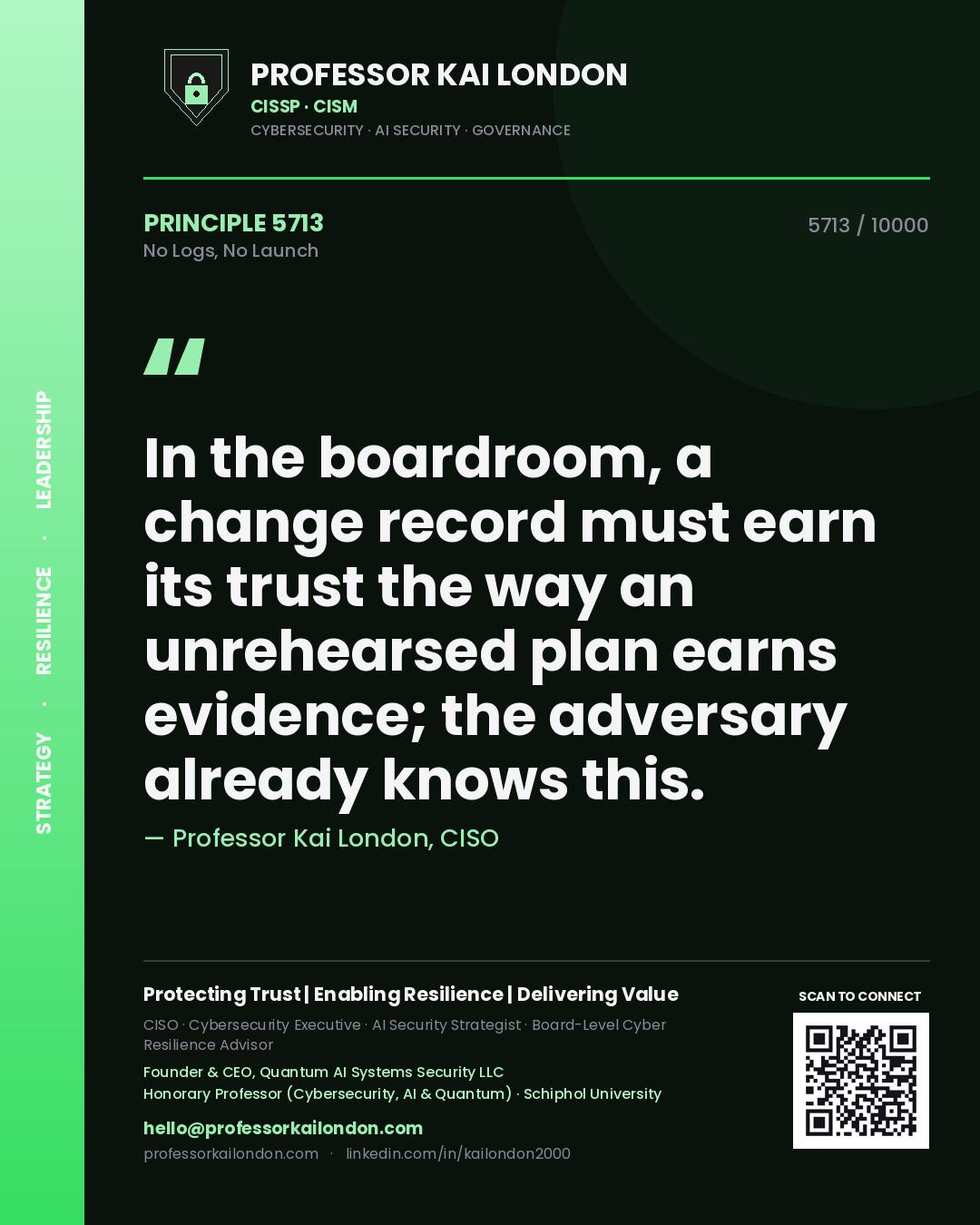 Quote card by Professor Kai London reading 'In the boardroom, a change record must earn its trust the way an unrehearsed plan earns evidence; the adversary already knows this.'. From the book No Logs, No Launch.