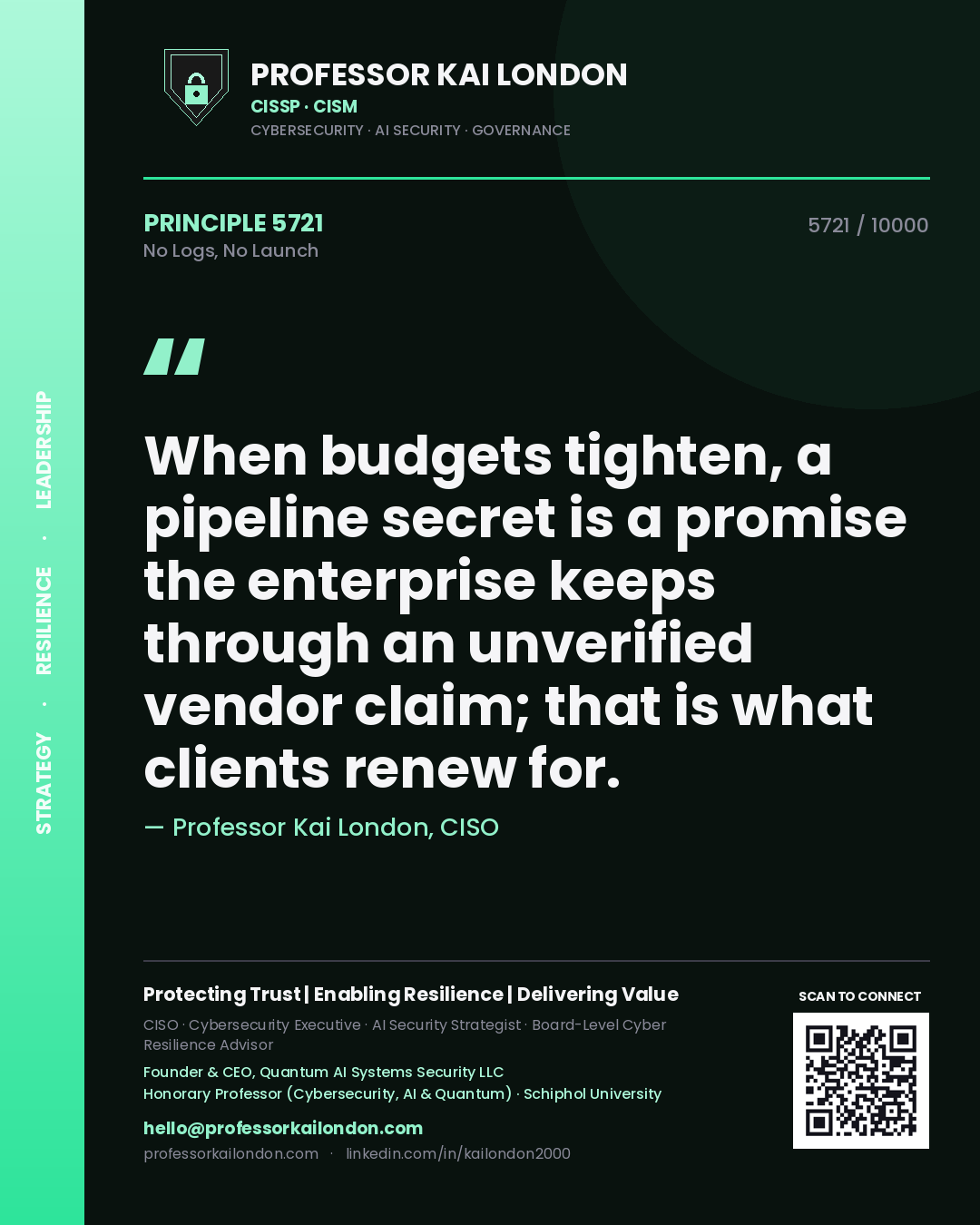 Quote card by Professor Kai London reading 'When budgets tighten, a pipeline secret is a promise the enterprise keeps through an unverified vendor claim; that is what clients renew for.'. From the book No Logs, No Launch.
