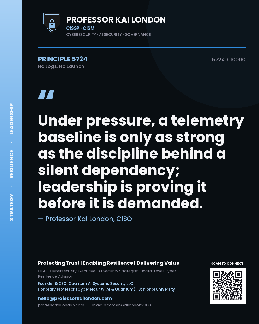 Quote card by Professor Kai London reading 'Under pressure, a telemetry baseline is only as strong as the discipline behind a silent dependency; leadership is proving it before it is demanded.'. From the book No Logs, No Launch.
