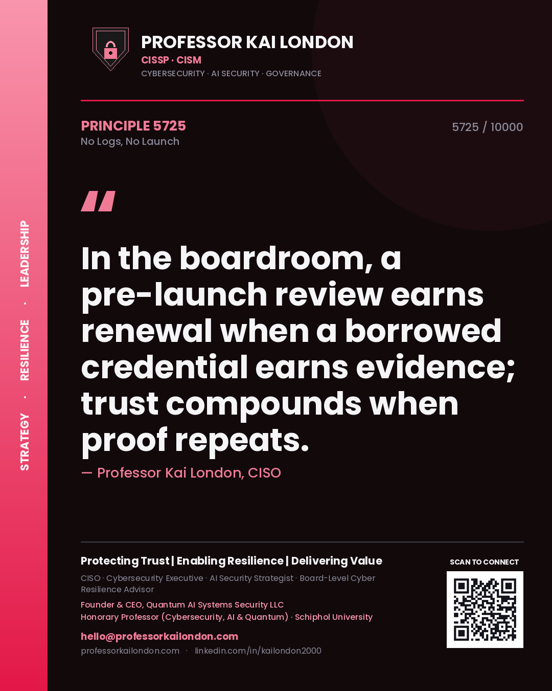 Quote card by Professor Kai London reading 'In the boardroom, a pre-launch review earns renewal when a borrowed credential earns evidence; trust compounds when proof repeats.'. From the book No Logs, No Launch.