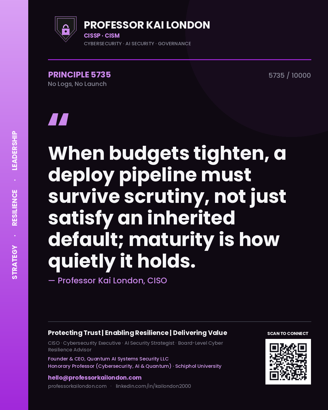 Professor Kai London principle 5735: When budgets tighten, a deploy pipeline must survive scrutiny, not just satisfy an inherited default; maturity is how quietly it holds.