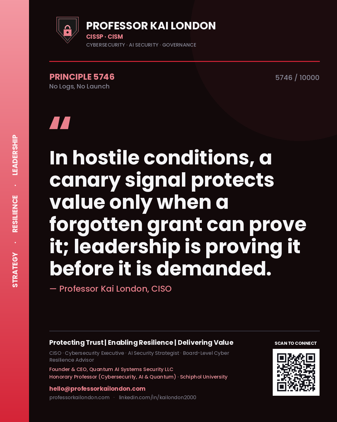 Quote card by Professor Kai London reading 'In hostile conditions, a canary signal protects value only when a forgotten grant can prove it; leadership is proving it before it is demanded.'. From the book No Logs, No Launch.