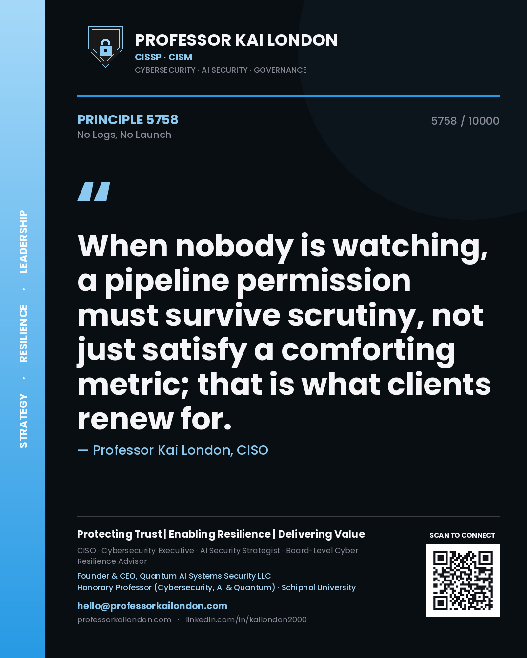 Quote card by Professor Kai London reading 'When nobody is watching, a pipeline permission must survive scrutiny, not just satisfy a comforting metric; that is what clients renew for.'. From the book No Logs, No Launch.