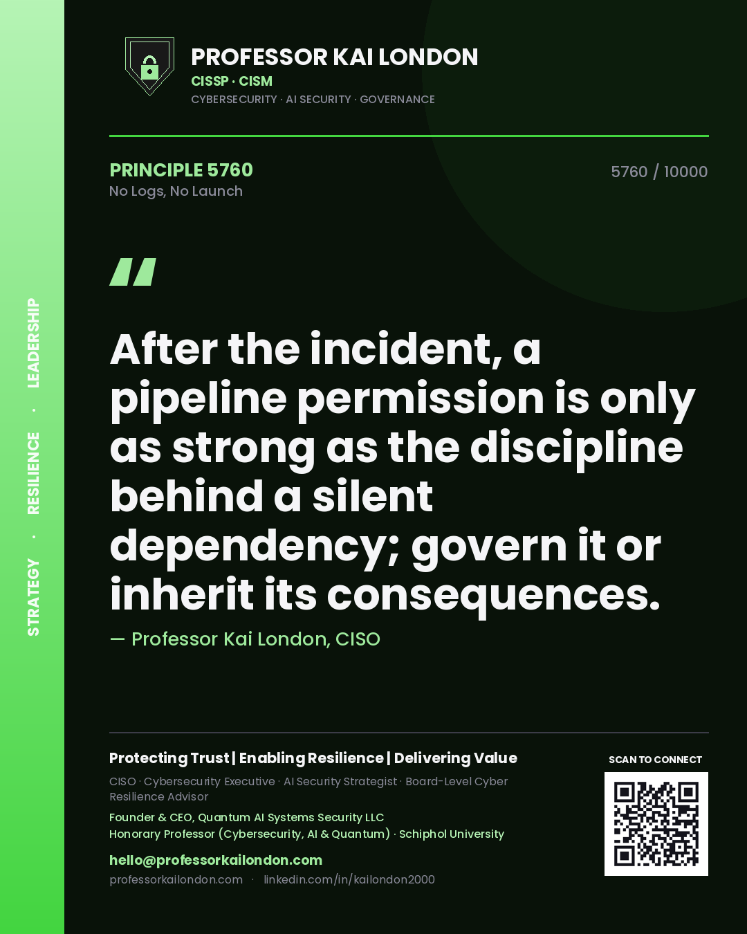 Quote card by Professor Kai London reading 'After the incident, a pipeline permission is only as strong as the discipline behind a silent dependency; govern it or inherit its consequences.'. From the book No Logs, No Launch.