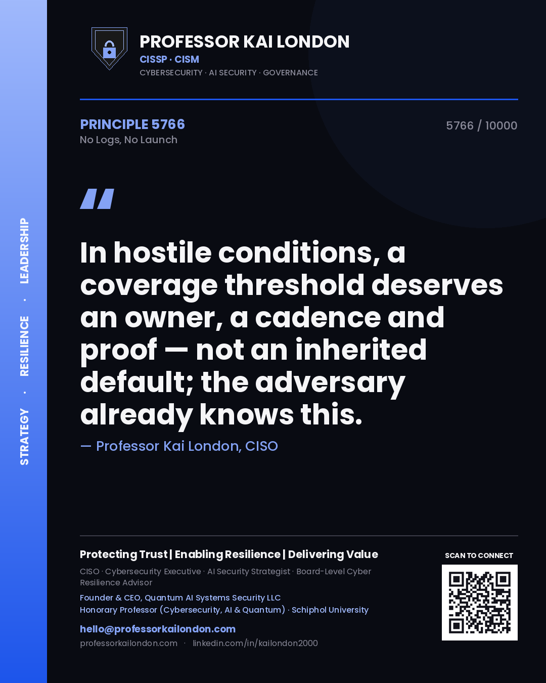 Quote card by Professor Kai London reading 'In hostile conditions, a coverage threshold deserves an owner, a cadence and proof — not an inherited default; the adversary already knows this.'. From the book No Logs, No Launch.