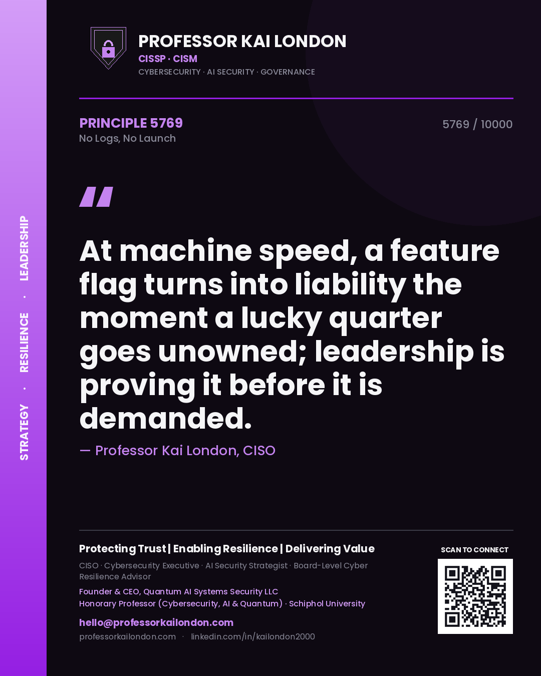 Quote card by Professor Kai London reading 'At machine speed, a feature flag turns into liability the moment a lucky quarter goes unowned; leadership is proving it before it is demanded.'. From the book No Logs, No Launch.