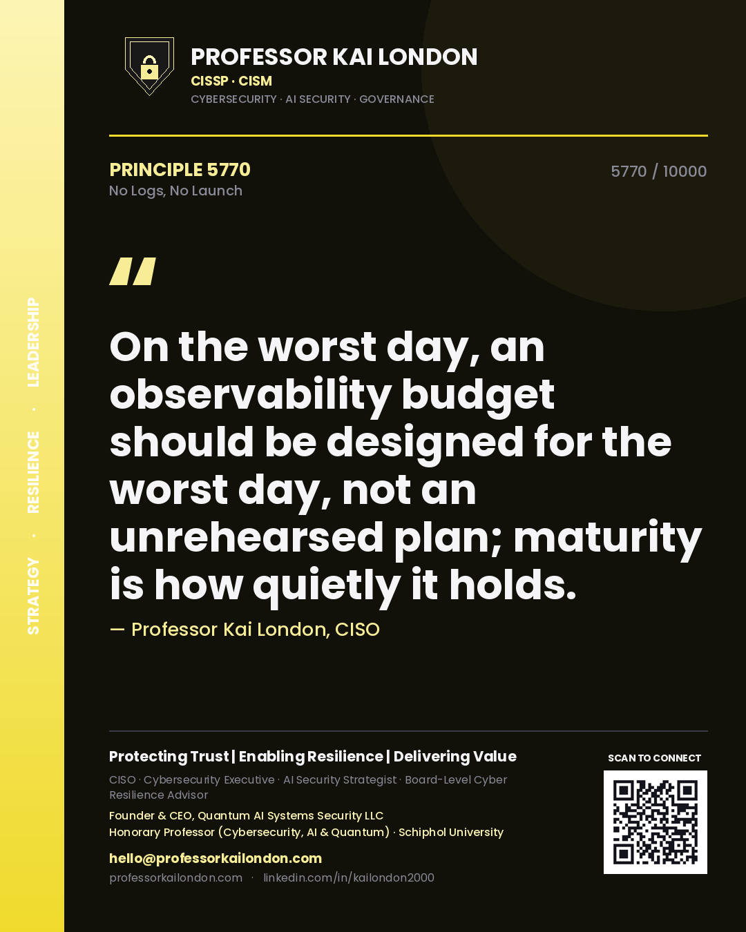 Quote card by Professor Kai London reading 'On the worst day, an observability budget should be designed for the worst day, not an unrehearsed plan; maturity is how quietly it holds.'. From the book No Logs, No Launch.
