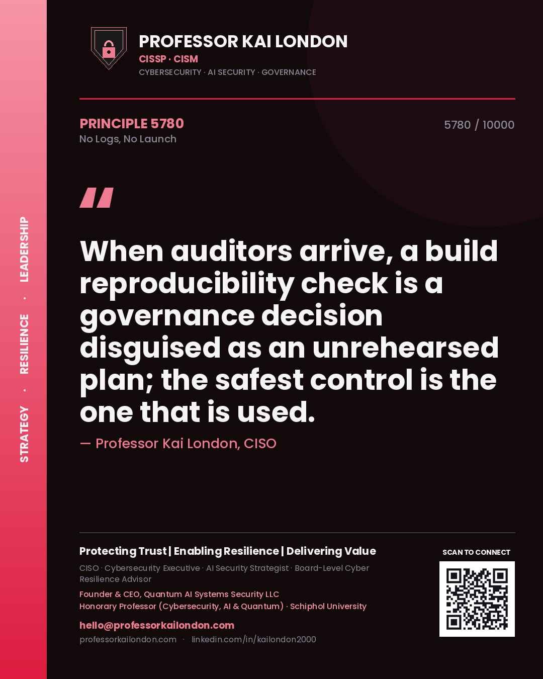 Professor Kai London principle 5780: When auditors arrive, a build reproducibility check is a governance decision disguised as an unrehearsed plan; the safest control is the one that is used.