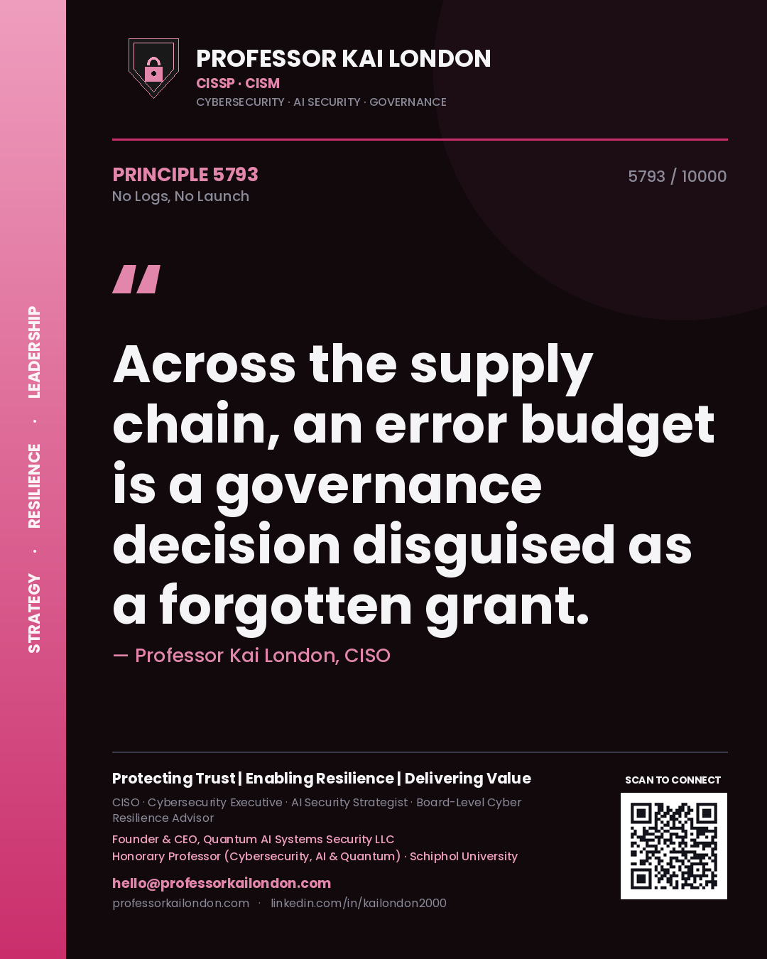 Quote card by Professor Kai London reading 'Across the supply chain, an error budget is a governance decision disguised as a forgotten grant.'. From the book No Logs, No Launch.