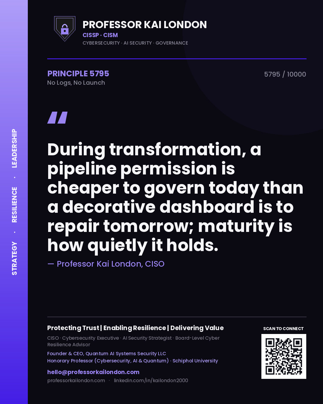 Professor Kai London principle 5795: During transformation, a pipeline permission is cheaper to govern today than a decorative dashboard is to repair tomorrow; maturity is how quietly it holds.