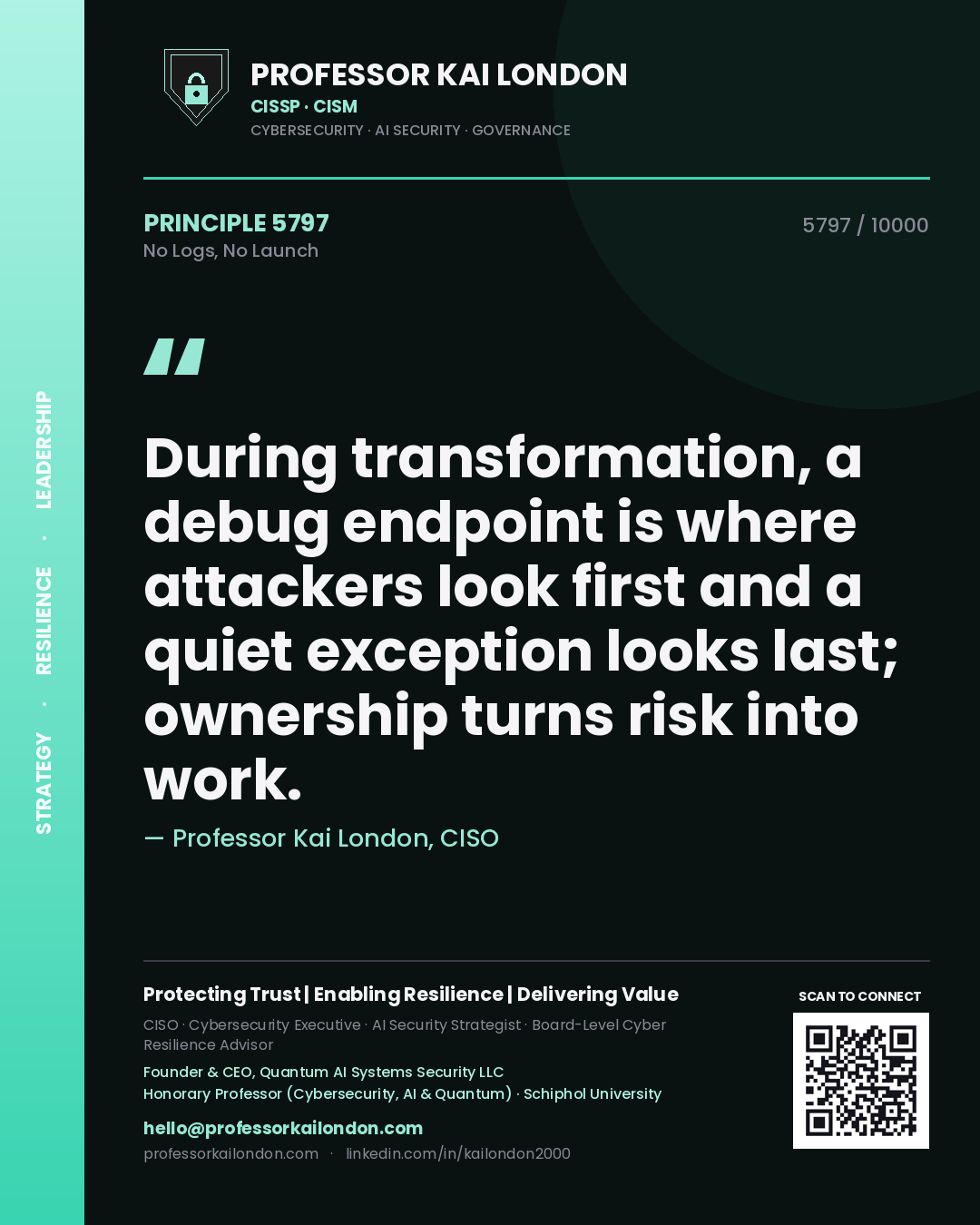 Professor Kai London principle 5797: During transformation, a debug endpoint is where attackers look first and a quiet exception looks last; ownership turns risk into work.
