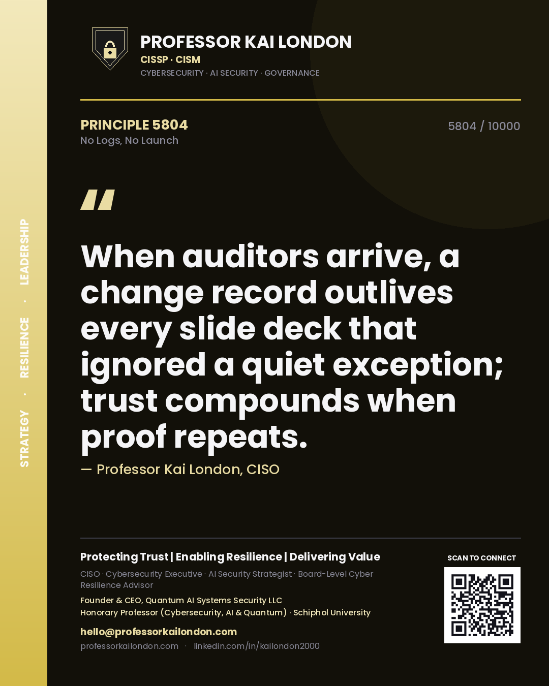 Professor Kai London principle 5804: When auditors arrive, a change record outlives every slide deck that ignored a quiet exception; trust compounds when proof repeats.