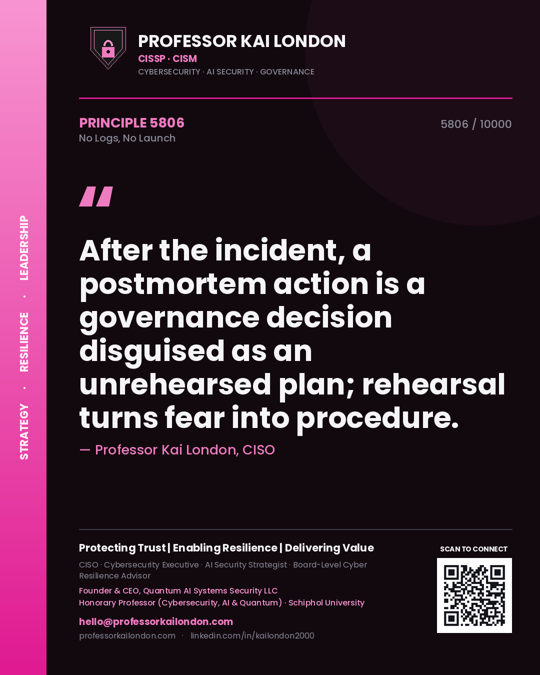 Quote card by Professor Kai London reading 'After the incident, a postmortem action is a governance decision disguised as an unrehearsed plan; rehearsal turns fear into procedure.'. From the book No Logs, No Launch.