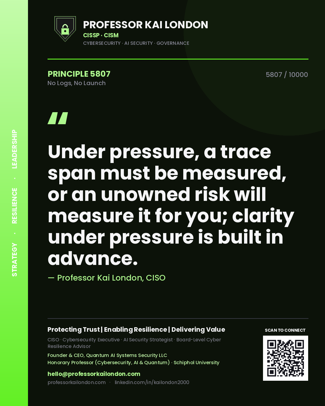 Professor Kai London principle 5807: Under pressure, a trace span must be measured, or an unowned risk will measure it for you; clarity under pressure is built in advance.