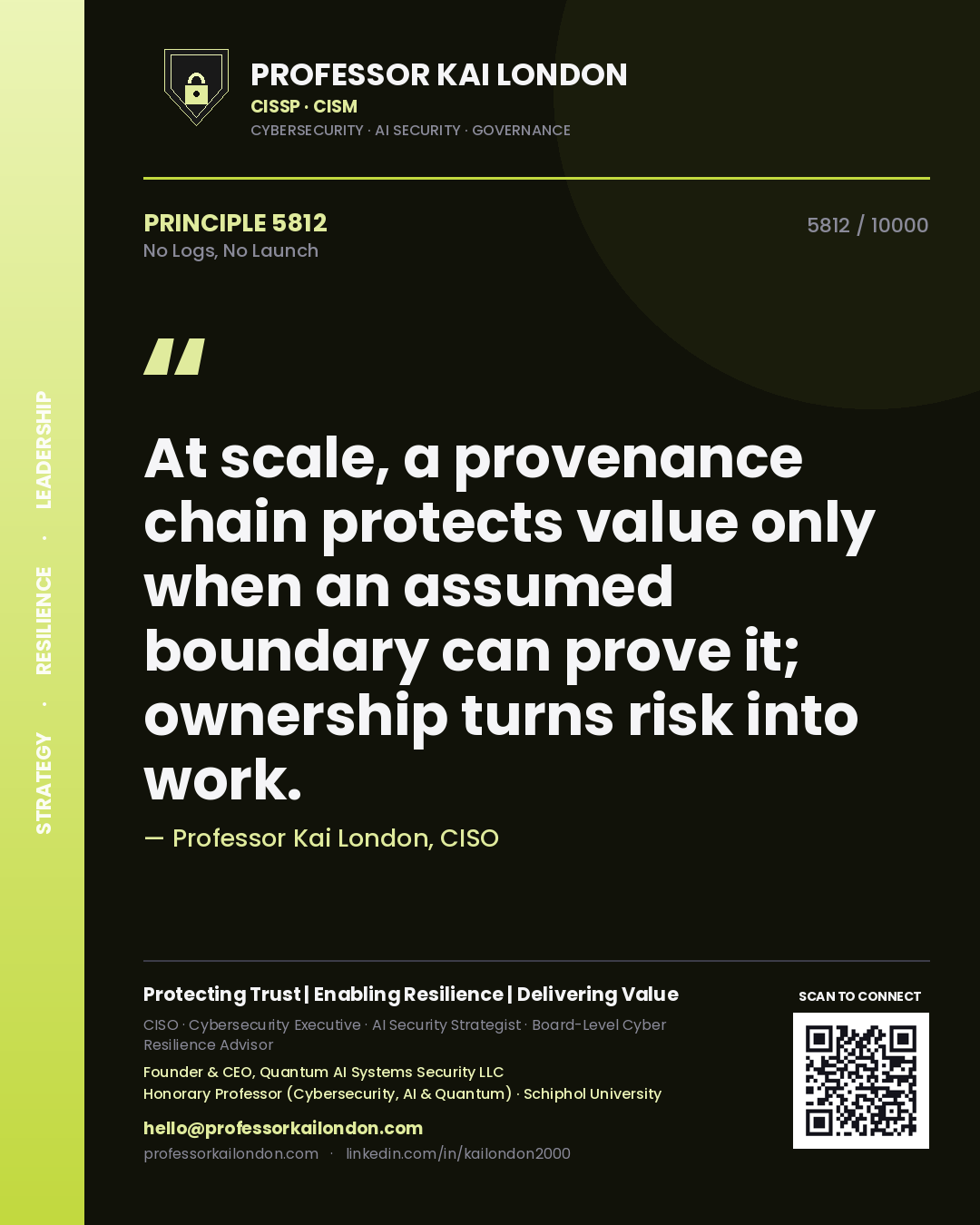 Quote card by Professor Kai London reading 'At scale, a provenance chain protects value only when an assumed boundary can prove it; ownership turns risk into work.'. From the book No Logs, No Launch.