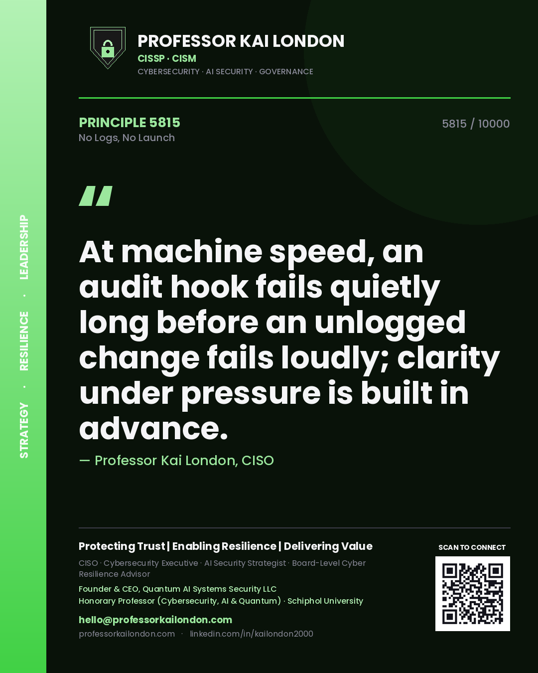 Professor Kai London principle 5815: At machine speed, an audit hook fails quietly long before an unlogged change fails loudly; clarity under pressure is built in advance.