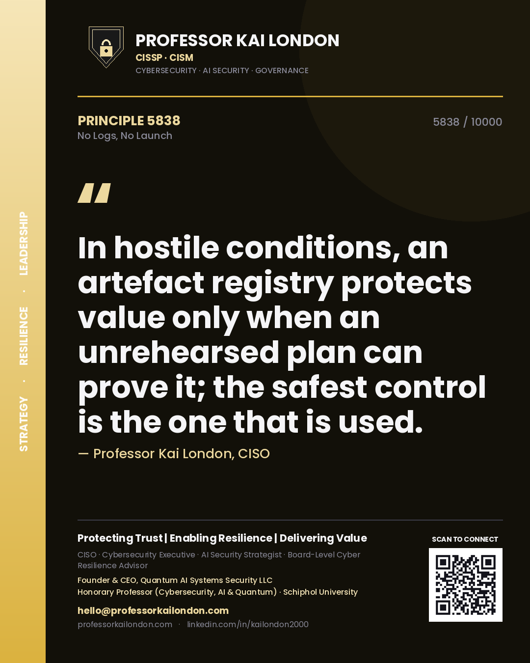 Professor Kai London principle 5838: In hostile conditions, an artefact registry protects value only when an unrehearsed plan can prove it; the safest control is the one that is used.