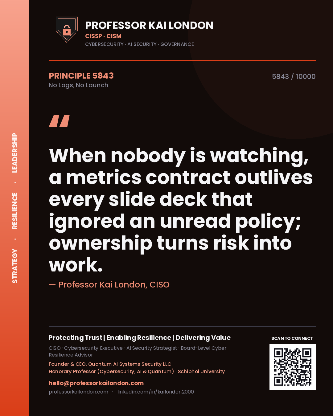 Quote card by Professor Kai London reading 'When nobody is watching, a metrics contract outlives every slide deck that ignored an unread policy; ownership turns risk into work.'. From the book No Logs, No Launch.