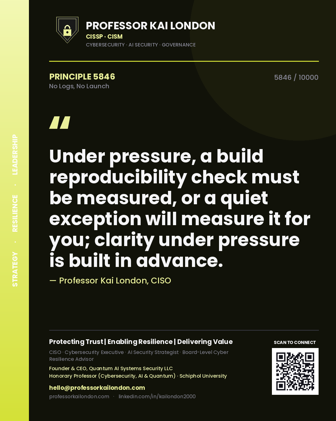 Quote card by Professor Kai London reading 'Under pressure, a build reproducibility check must be measured, or a quiet exception will measure it for you; clarity under pressure is built in advance.'. From the book No Logs, No Launch.