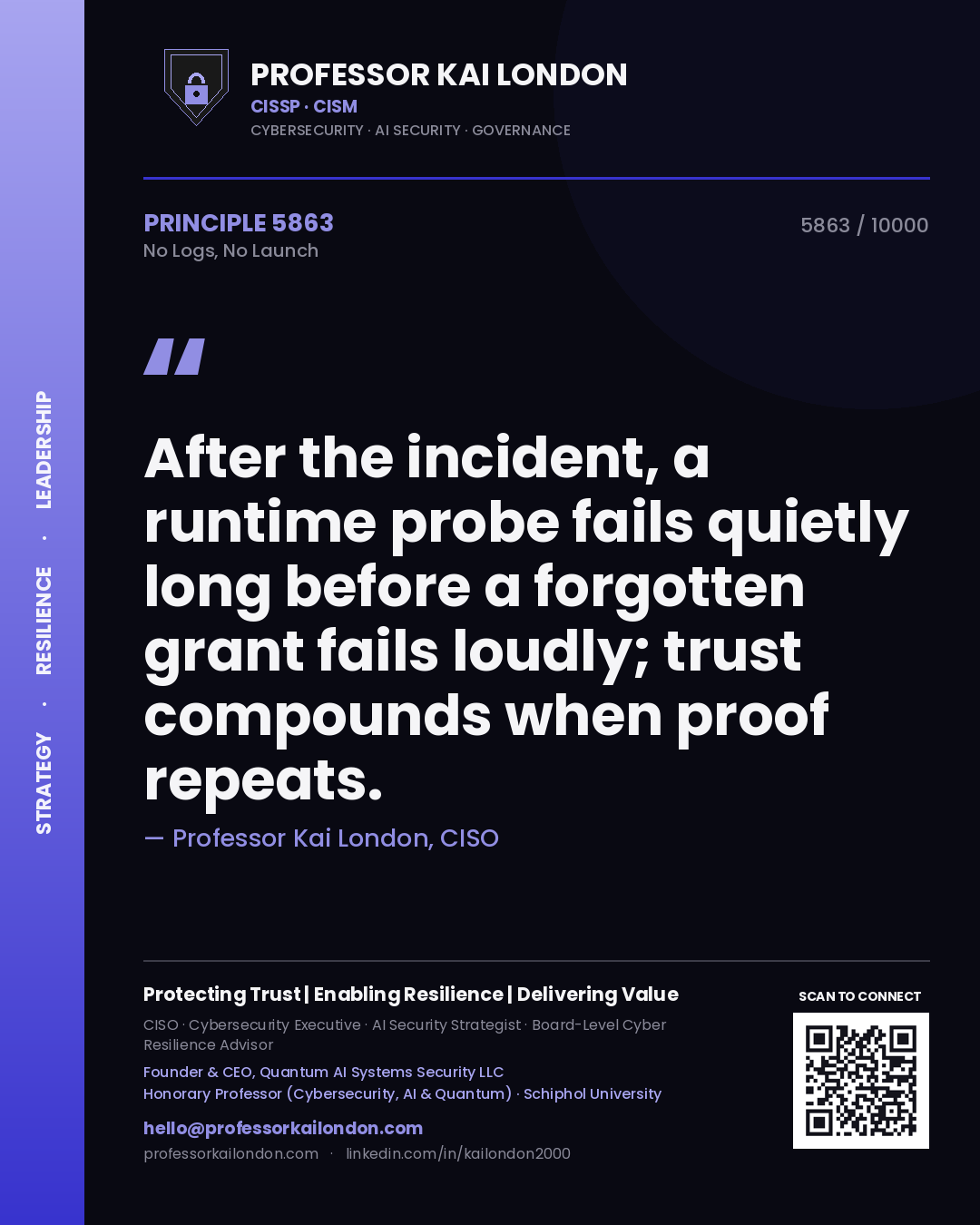 Quote card by Professor Kai London reading 'After the incident, a runtime probe fails quietly long before a forgotten grant fails loudly; trust compounds when proof repeats.'. From the book No Logs, No Launch.