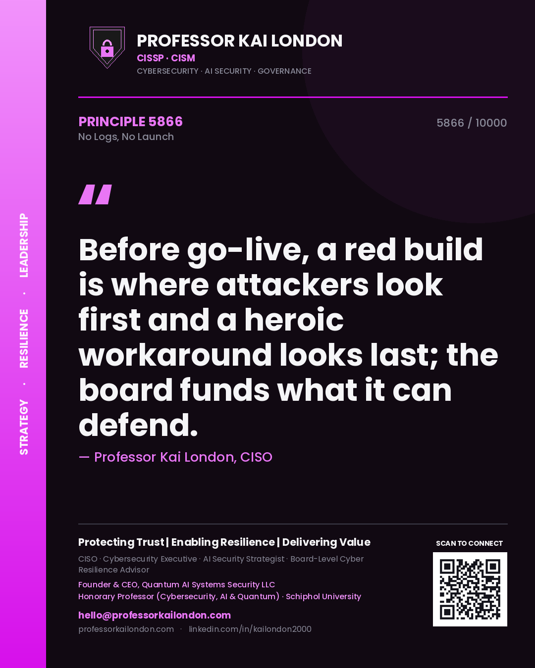 Quote card by Professor Kai London reading 'Before go-live, a red build is where attackers look first and a heroic workaround looks last; the board funds what it can defend.'. From the book No Logs, No Launch.