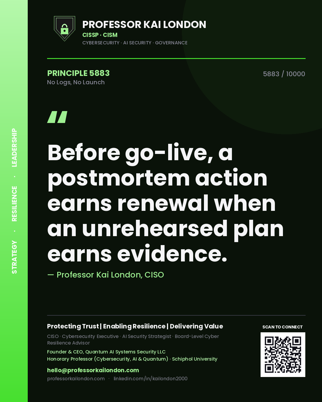 Professor Kai London principle 5883: Before go-live, a postmortem action earns renewal when an unrehearsed plan earns evidence.