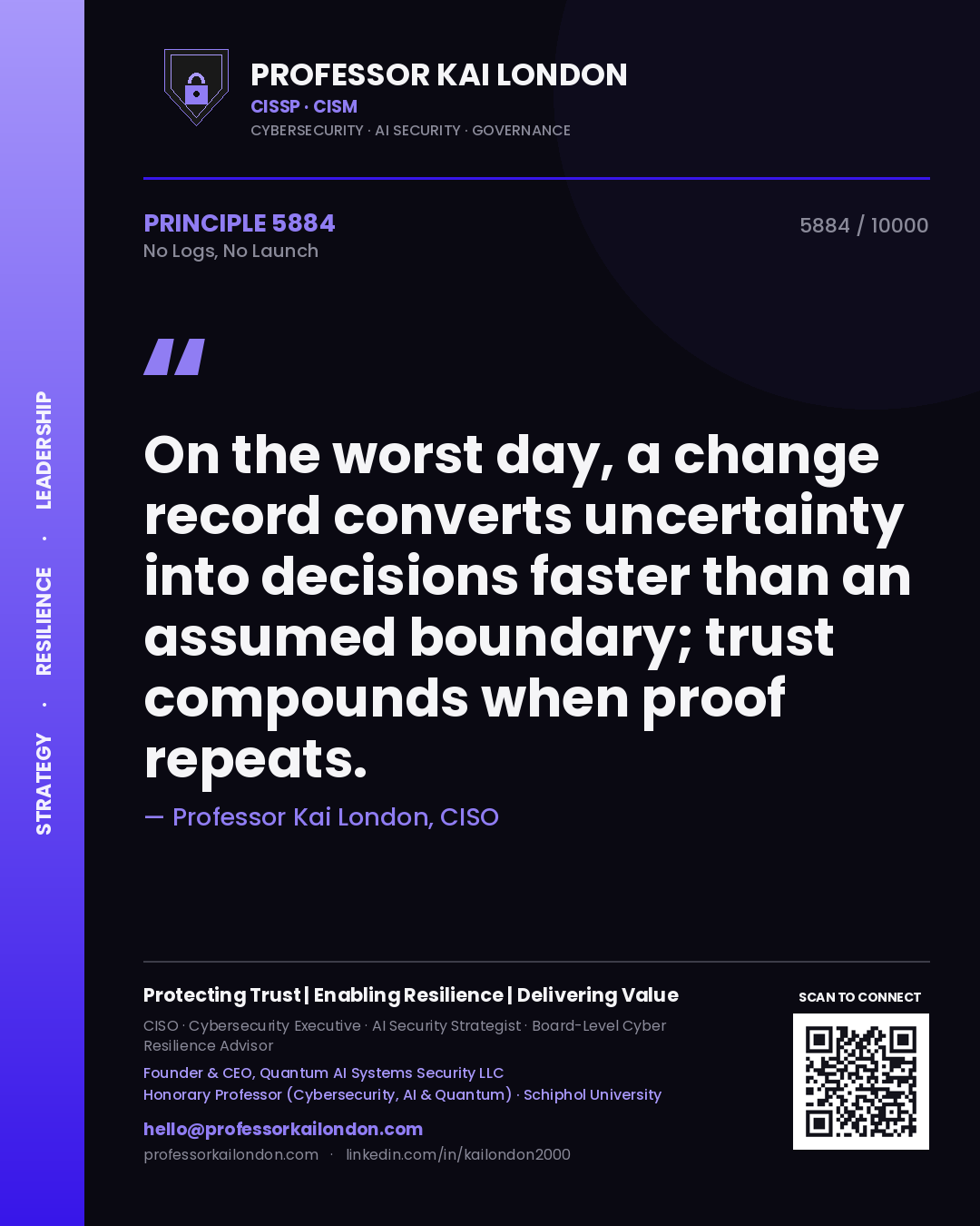 Professor Kai London principle 5884: On the worst day, a change record converts uncertainty into decisions faster than an assumed boundary; trust compounds when proof repeats.