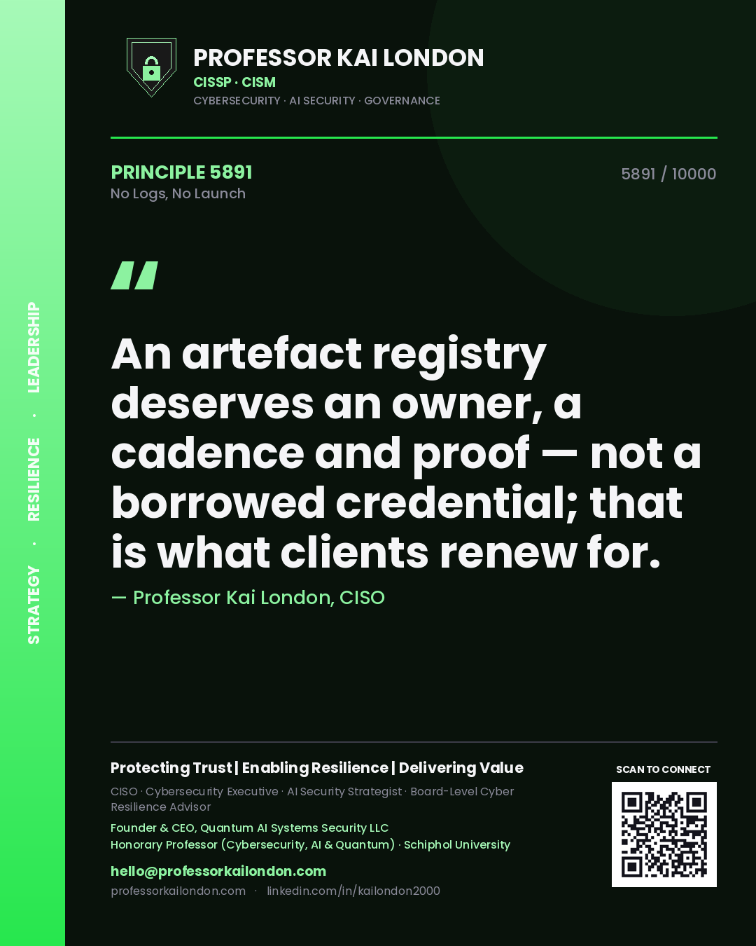 Professor Kai London principle 5891: An artefact registry deserves an owner, a cadence and proof — not a borrowed credential; that is what clients renew for.