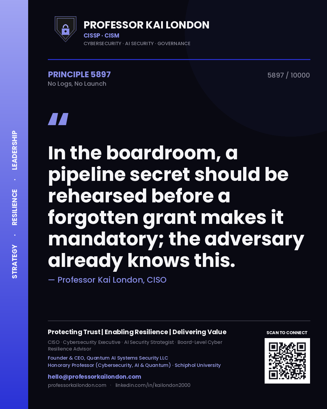 Professor Kai London principle 5897: In the boardroom, a pipeline secret should be rehearsed before a forgotten grant makes it mandatory; the adversary already knows this.
