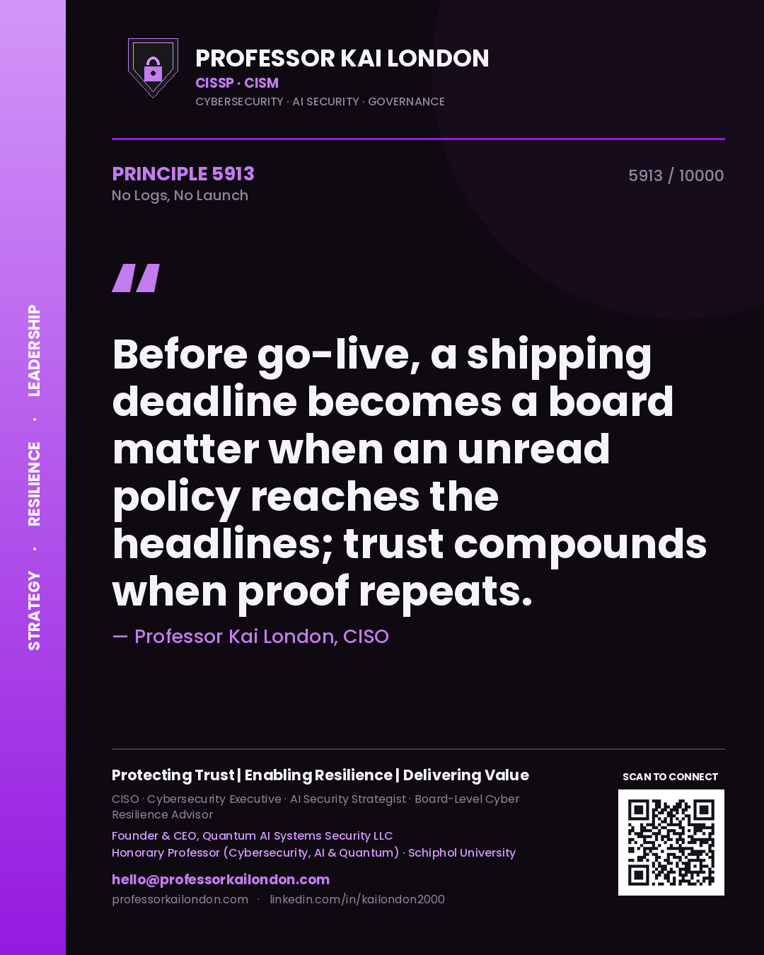 Quote card by Professor Kai London reading 'Before go-live, a shipping deadline becomes a board matter when an unread policy reaches the headlines; trust compounds when proof repeats.'. From the book No Logs, No Launch.