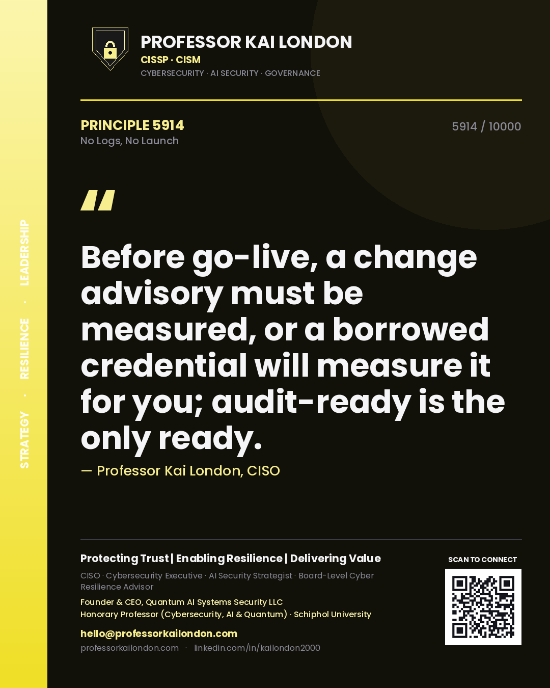 Quote card by Professor Kai London reading 'Before go-live, a change advisory must be measured, or a borrowed credential will measure it for you; audit-ready is the only ready.'. From the book No Logs, No Launch.