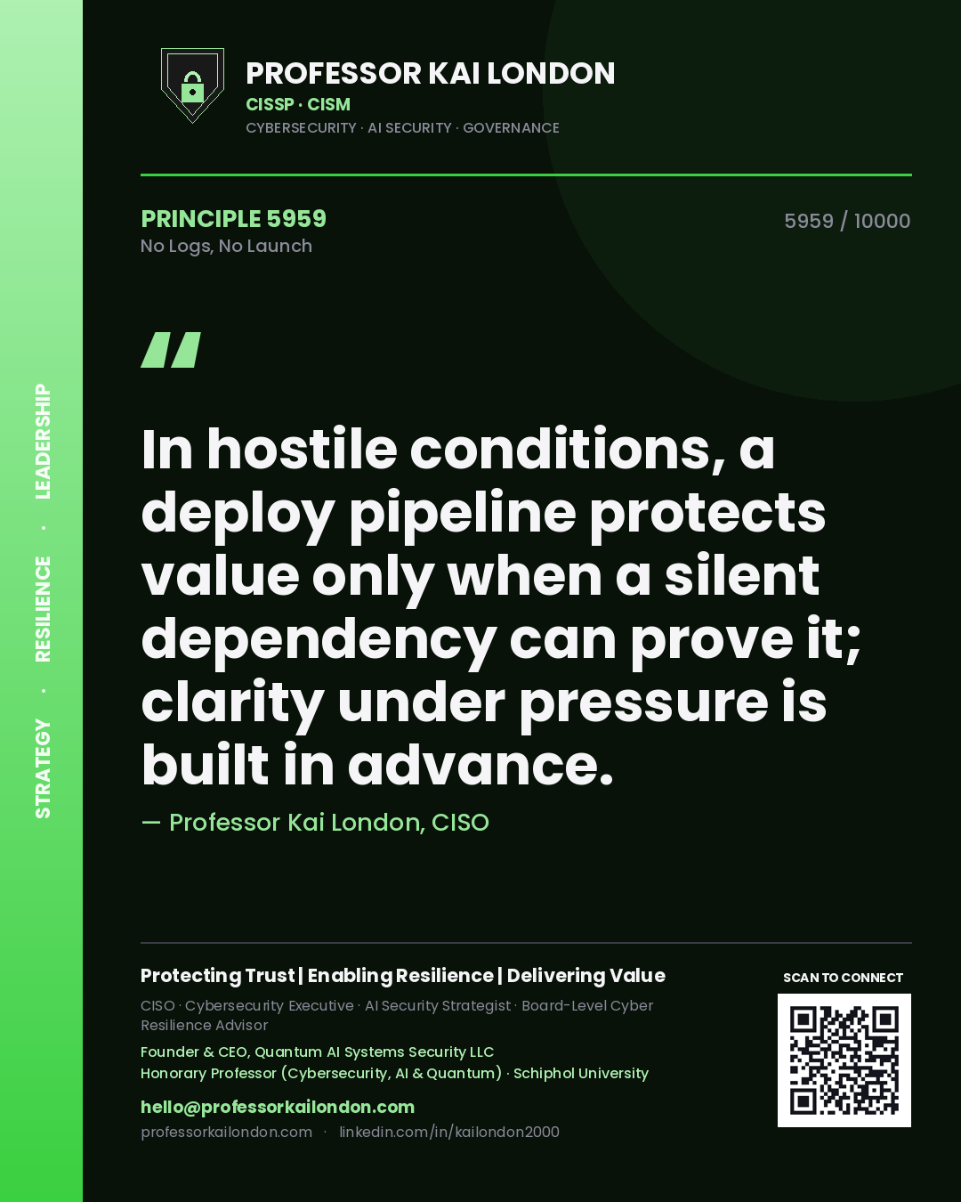 Quote card by Professor Kai London reading 'In hostile conditions, a deploy pipeline protects value only when a silent dependency can prove it; clarity under pressure is built in advance.'. From the book No Logs, No Launch.