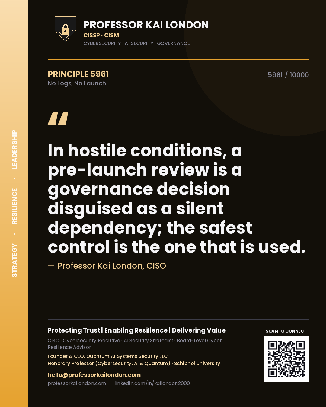 Quote card by Professor Kai London reading 'In hostile conditions, a pre-launch review is a governance decision disguised as a silent dependency; the safest control is the one that is used.'. From the book No Logs, No Launch.