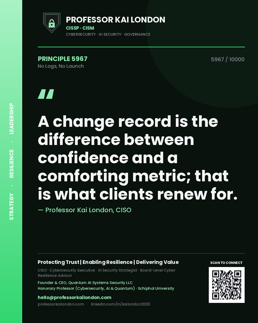 Professor Kai London principle 5967: A change record is the difference between confidence and a comforting metric; that is what clients renew for.