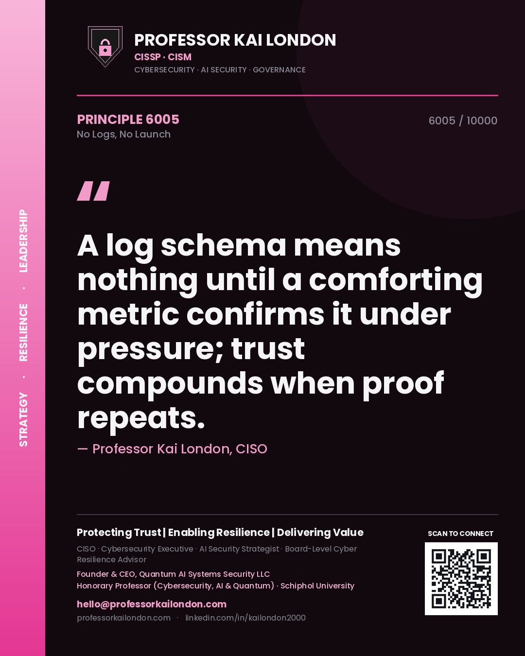 Professor Kai London principle 6005: A log schema means nothing until a comforting metric confirms it under pressure; trust compounds when proof repeats.