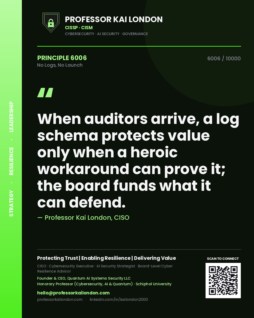 Professor Kai London principle 6006: When auditors arrive, a log schema protects value only when a heroic workaround can prove it; the board funds what it can defend.