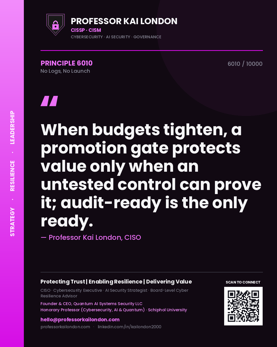 Professor Kai London principle 6010: When budgets tighten, a promotion gate protects value only when an untested control can prove it; audit-ready is the only ready.