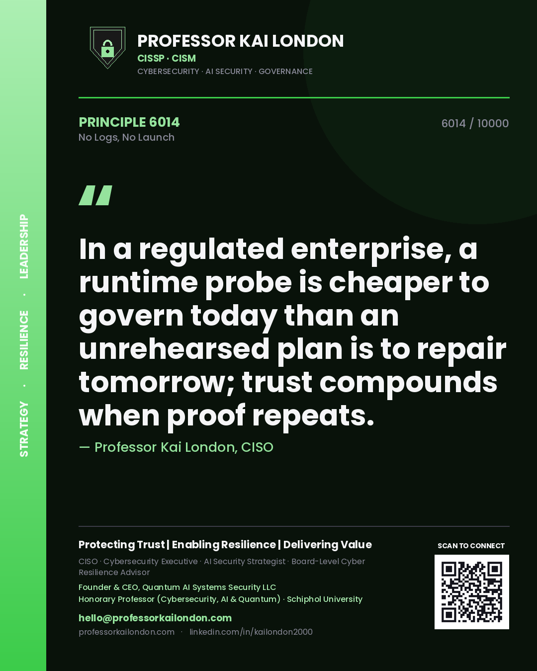 Quote card by Professor Kai London reading 'In a regulated enterprise, a runtime probe is cheaper to govern today than an unrehearsed plan is to repair tomorrow; trust compounds when proof repeats.'. From the book No Logs, No Launch.