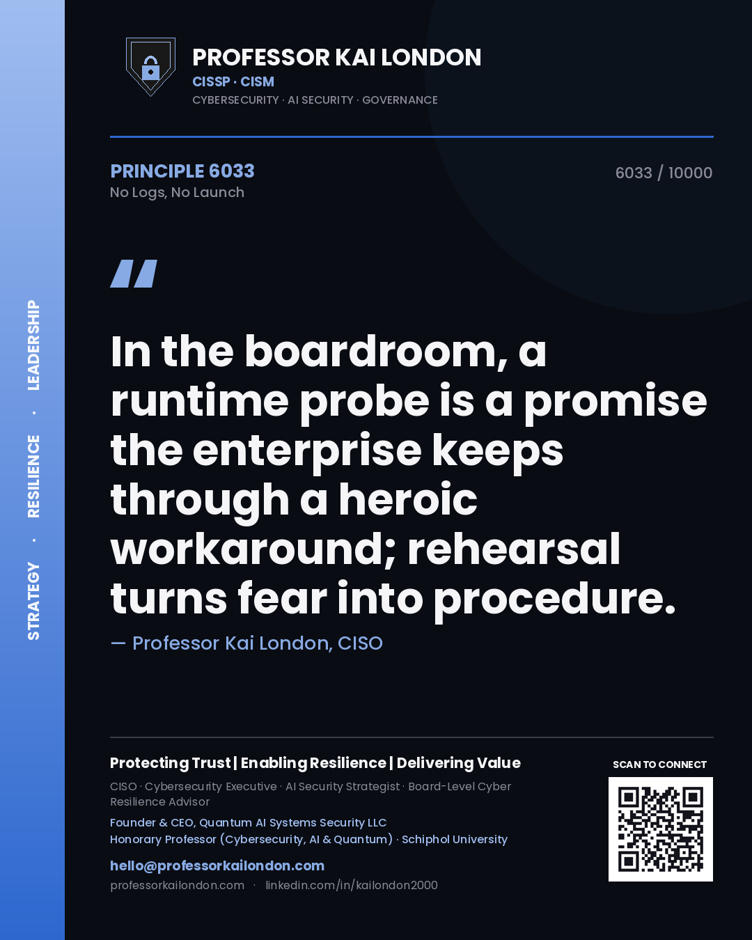 Professor Kai London principle 6033: In the boardroom, a runtime probe is a promise the enterprise keeps through a heroic workaround; rehearsal turns fear into procedure.