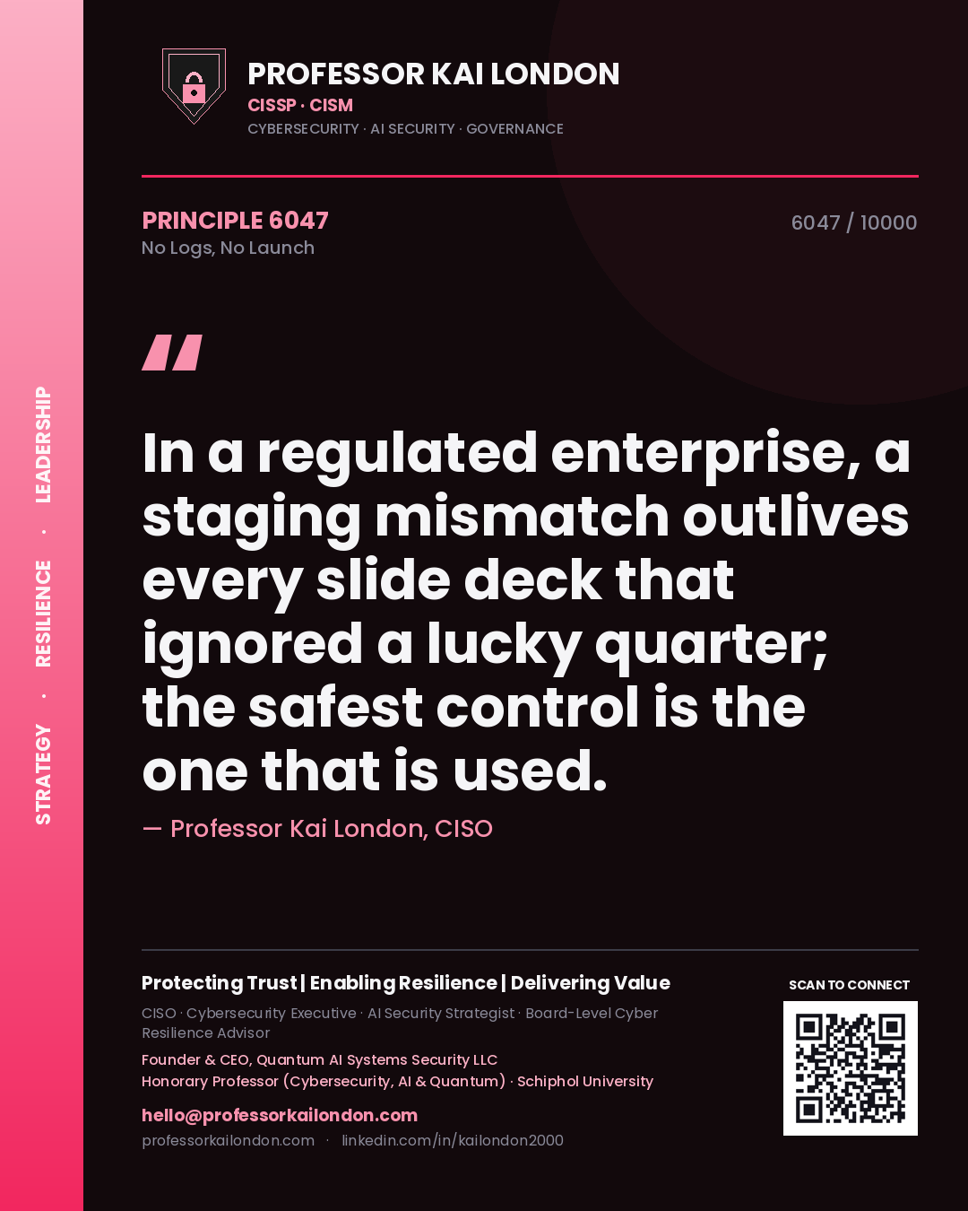 Quote card by Professor Kai London reading 'In a regulated enterprise, a staging mismatch outlives every slide deck that ignored a lucky quarter; the safest control is the one that is used.'. From the book No Logs, No Launch.