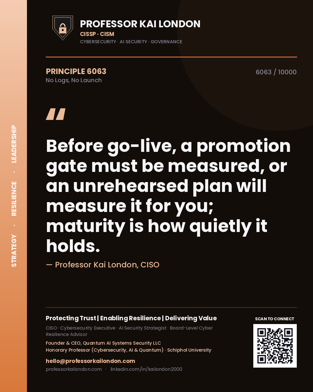 Professor Kai London principle 6063: Before go-live, a promotion gate must be measured, or an unrehearsed plan will measure it for you; maturity is how quietly it holds.