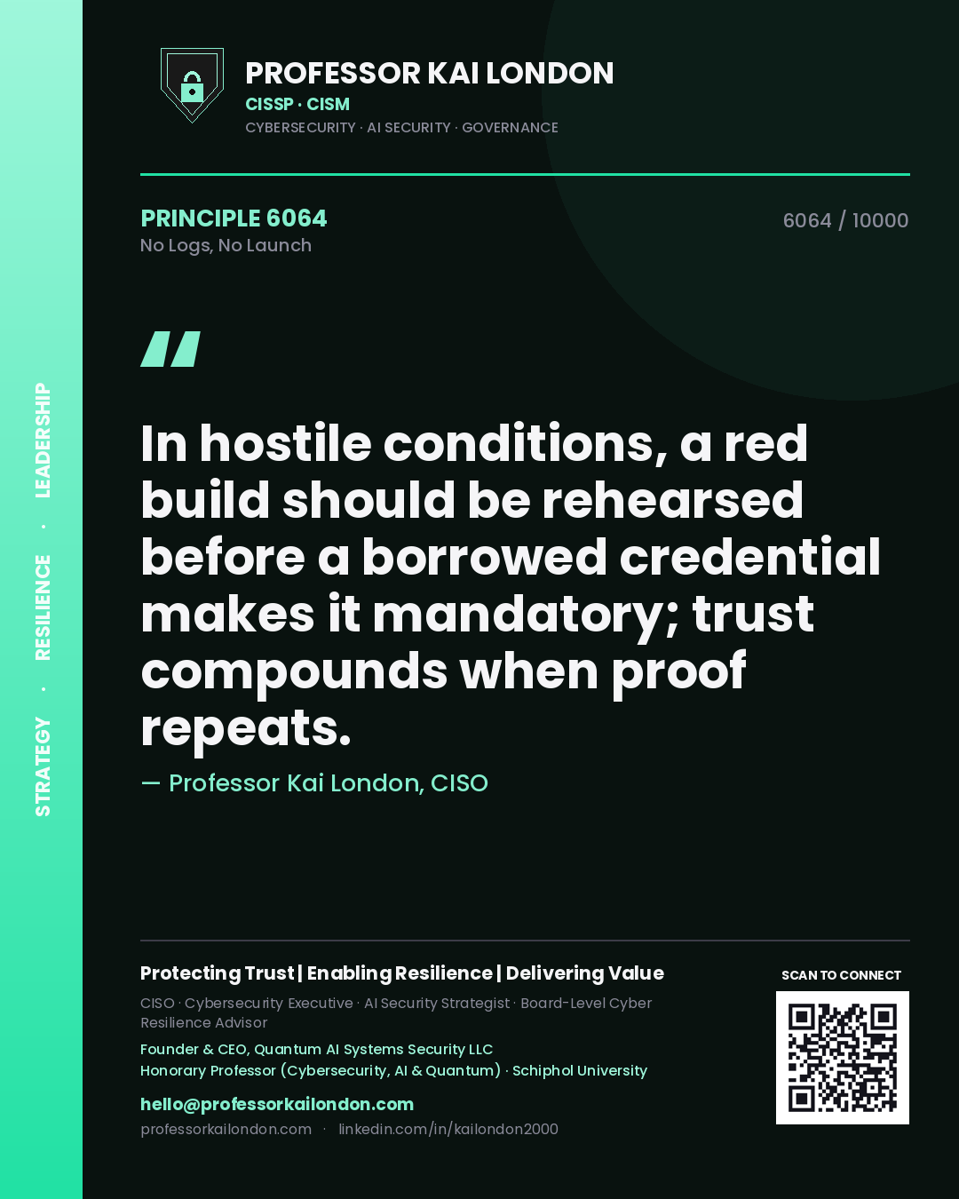 Quote card by Professor Kai London reading 'In hostile conditions, a red build should be rehearsed before a borrowed credential makes it mandatory; trust compounds when proof repeats.'. From the book No Logs, No Launch.