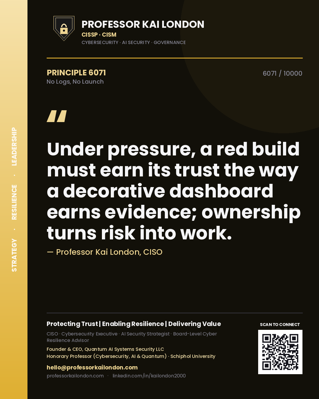 Professor Kai London principle 6071: Under pressure, a red build must earn its trust the way a decorative dashboard earns evidence; ownership turns risk into work.