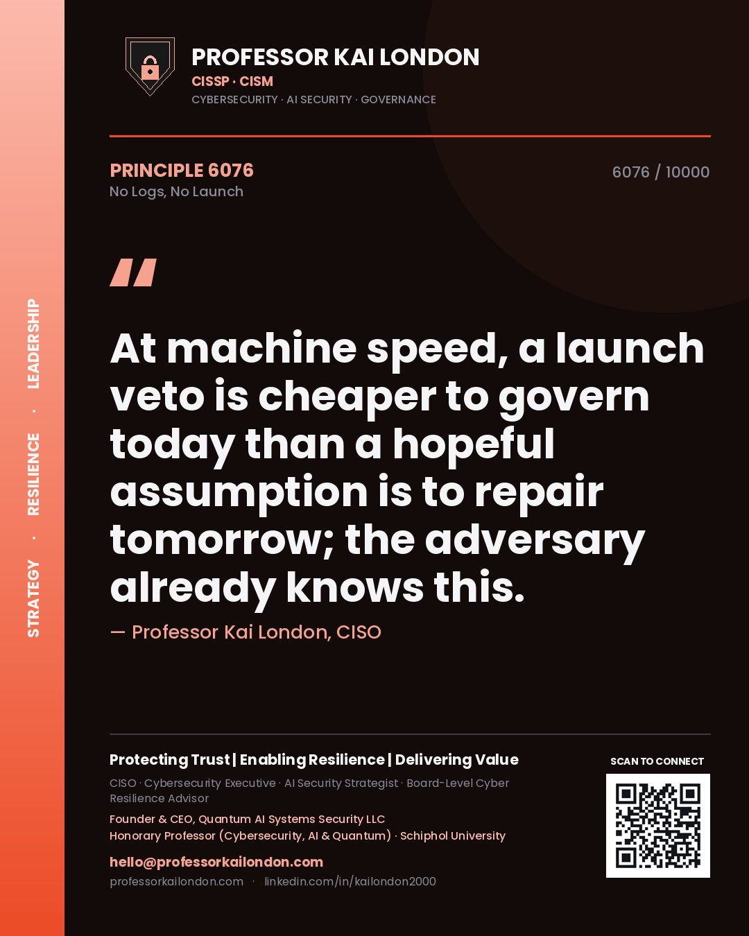 Quote card by Professor Kai London reading 'At machine speed, a launch veto is cheaper to govern today than a hopeful assumption is to repair tomorrow; the adversary already knows this.'. From the book No Logs, No Launch.
