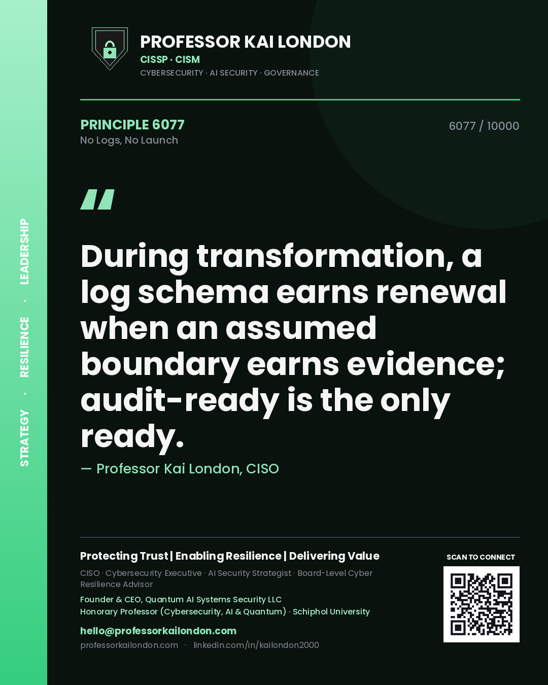 Professor Kai London principle 6077: During transformation, a log schema earns renewal when an assumed boundary earns evidence; audit-ready is the only ready.